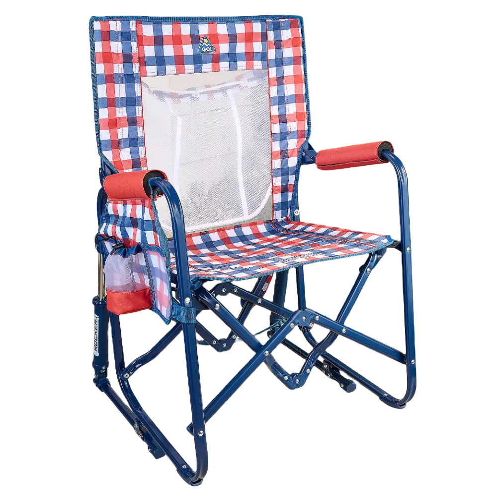 Smooth Motion Stowaway Rocker with Storage Pouch - Choice 573 - Heavy-Duty Kickback Rocker with Beverage Holder - Patriotic Plaid