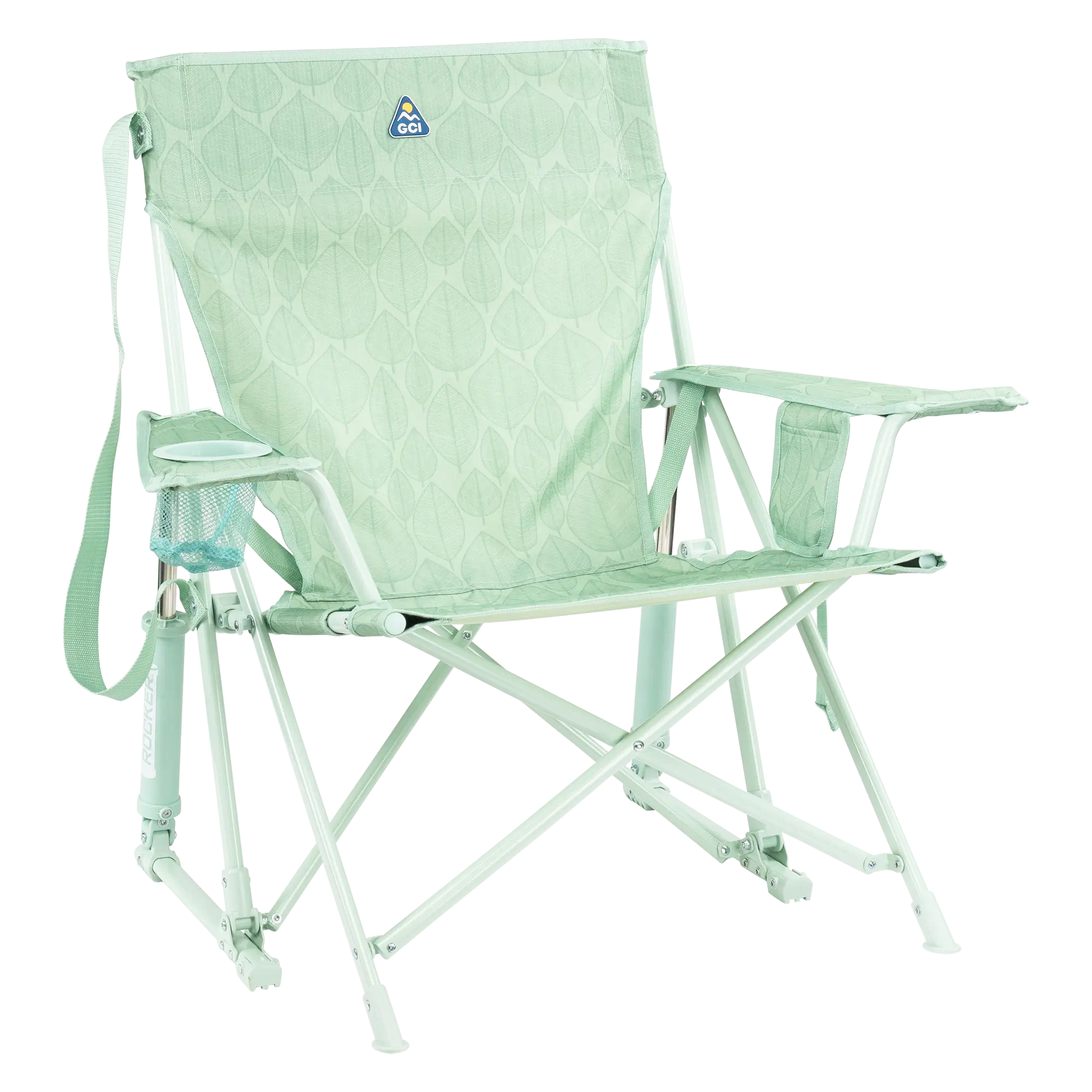 Luxury Camp Kickback Rocker - Choice 345 - Heavy-Duty Kickback Rocker with Beverage Holder - Pastel Green Leaf