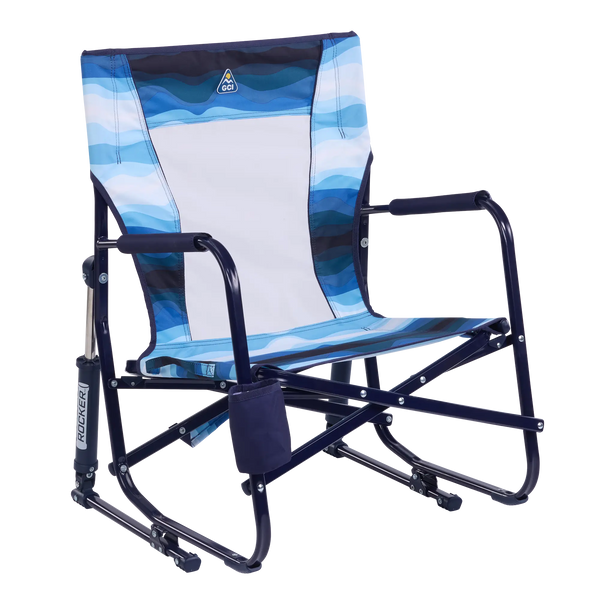 Patented Spring-Action Beach Rocker - Choice 712 - Heavy-Duty Kickback Rocker with Beverage Holder - Blue Beach Wave