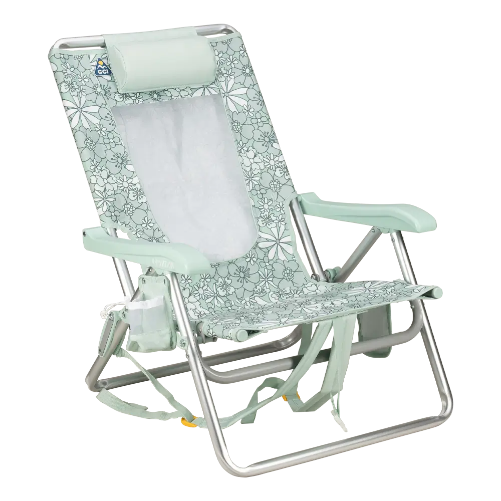 Rust-Resistant Aluminum Backpack Beach Chair - Choice 709 - Low-Profile Reclining Beach Chair with Backpack Straps - Floral Pastel Green