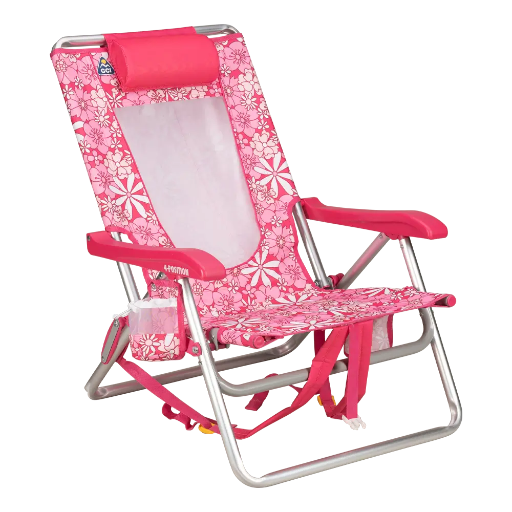 Rust-Resistant Aluminum Backpack Beach Chair - Choice 709 - Low-Profile Reclining Beach Chair with Backpack Straps - Floral Sport Pink