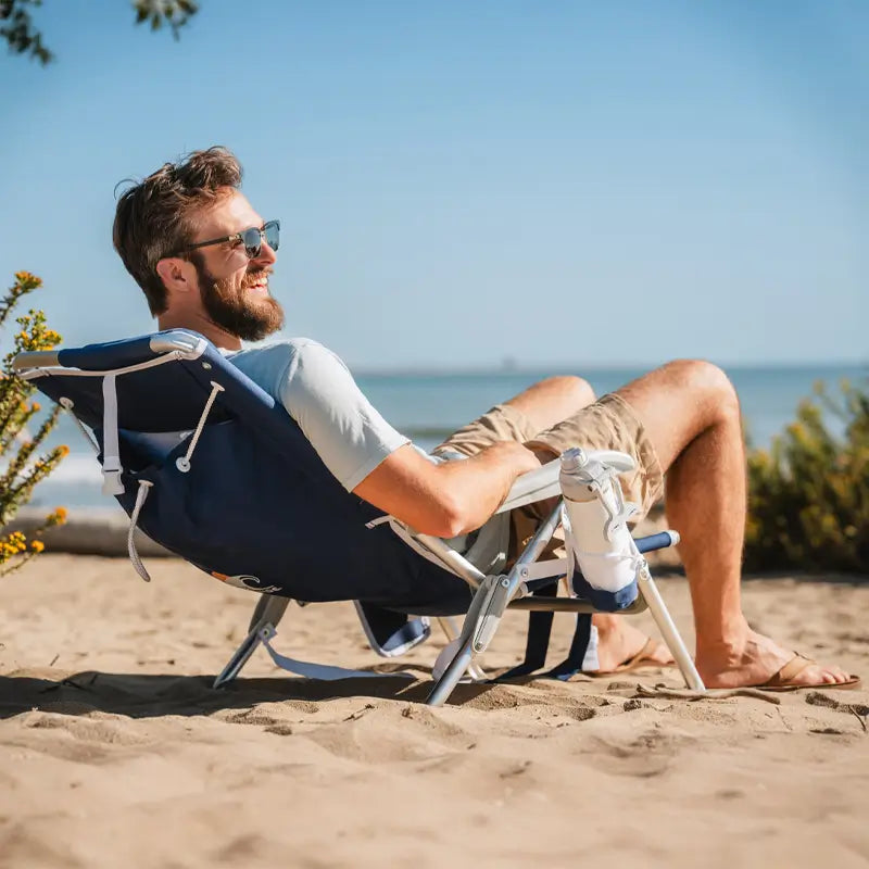 Rust-Resistant Aluminum Backpack Beach Chair - Choice 709 - Low-Profile Reclining Beach Chair with Backpack Straps Detail