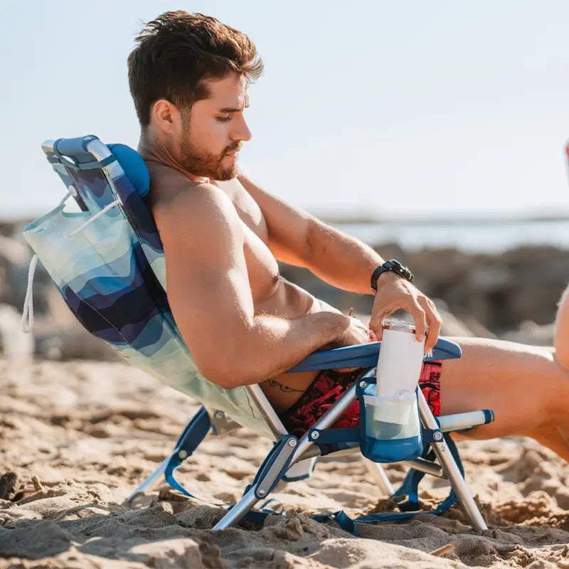 Rust-Resistant Aluminum Backpack Beach Chair - Choice 709 - Low-Profile Reclining Beach Chair with Backpack Straps Detail