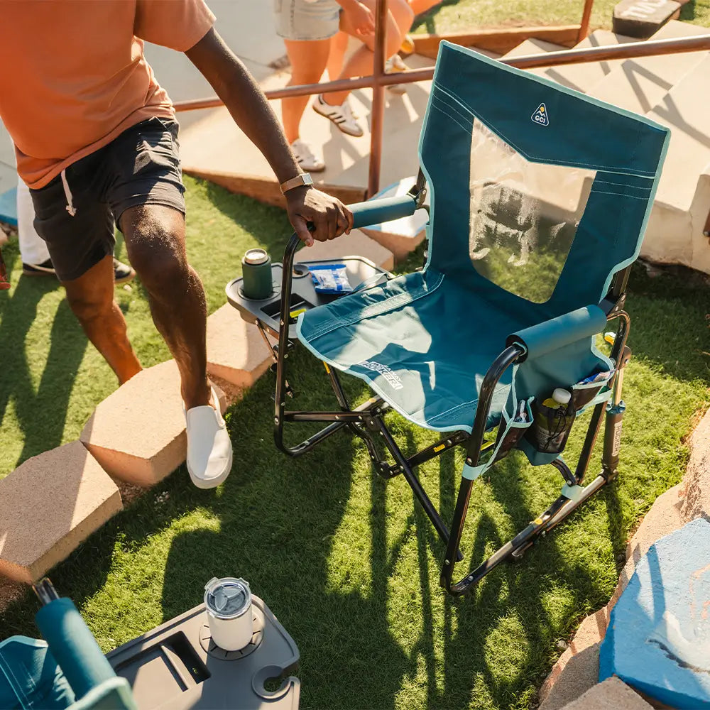 Luxury Camp Stowaway Rocker with Side Table - Choice 253 - Patented Spring-Action Rocking Chair for Camping Detail