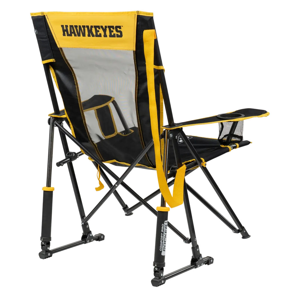 Patented Spring-Action College Comfort Pro Rocker - Iowa Hawkeyes - Choice 249 - Heavy-Duty Kickback Rocker with Beverage Holder Detail