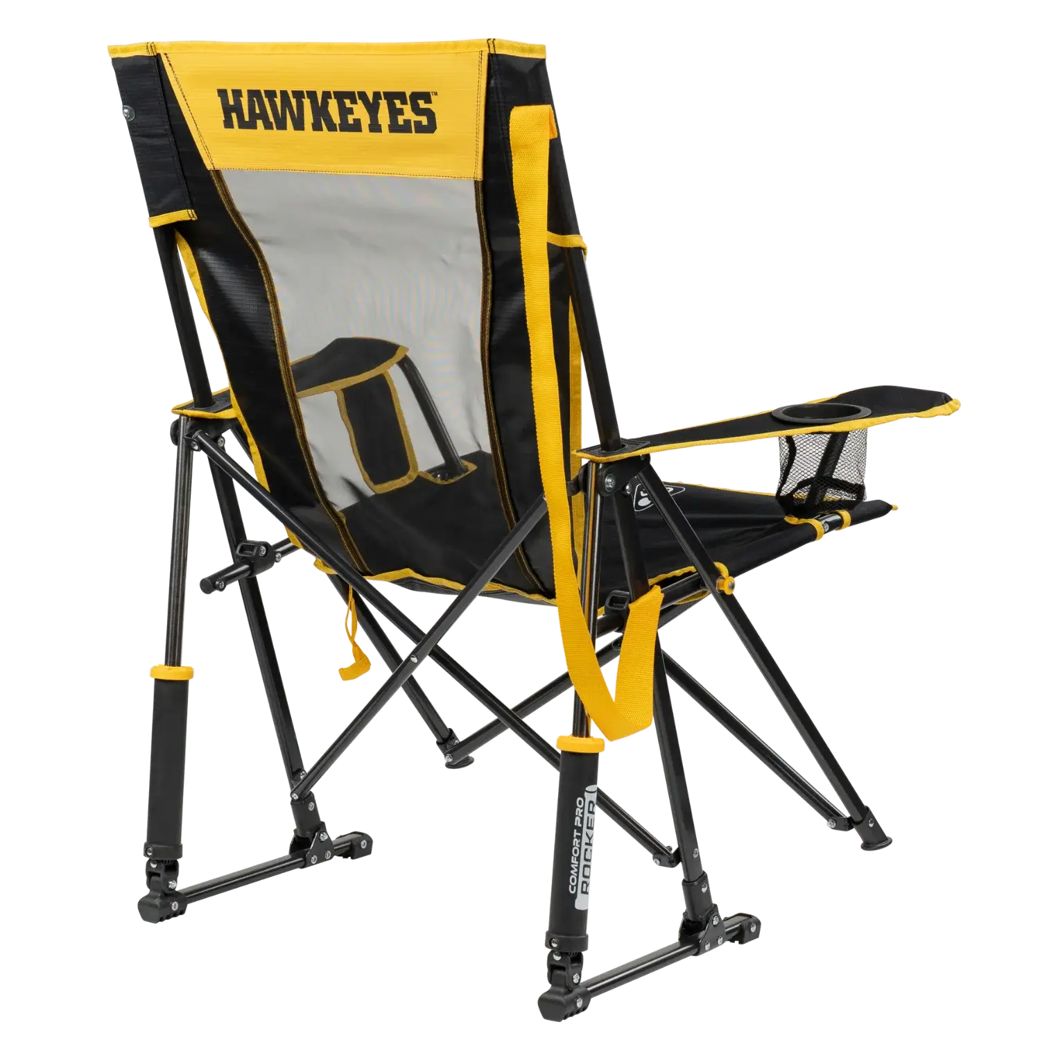 Patented Spring-Action College Comfort Pro Rocker - Iowa Hawkeyes - Choice 249 - Heavy-Duty Kickback Rocker with Beverage Holder Detail