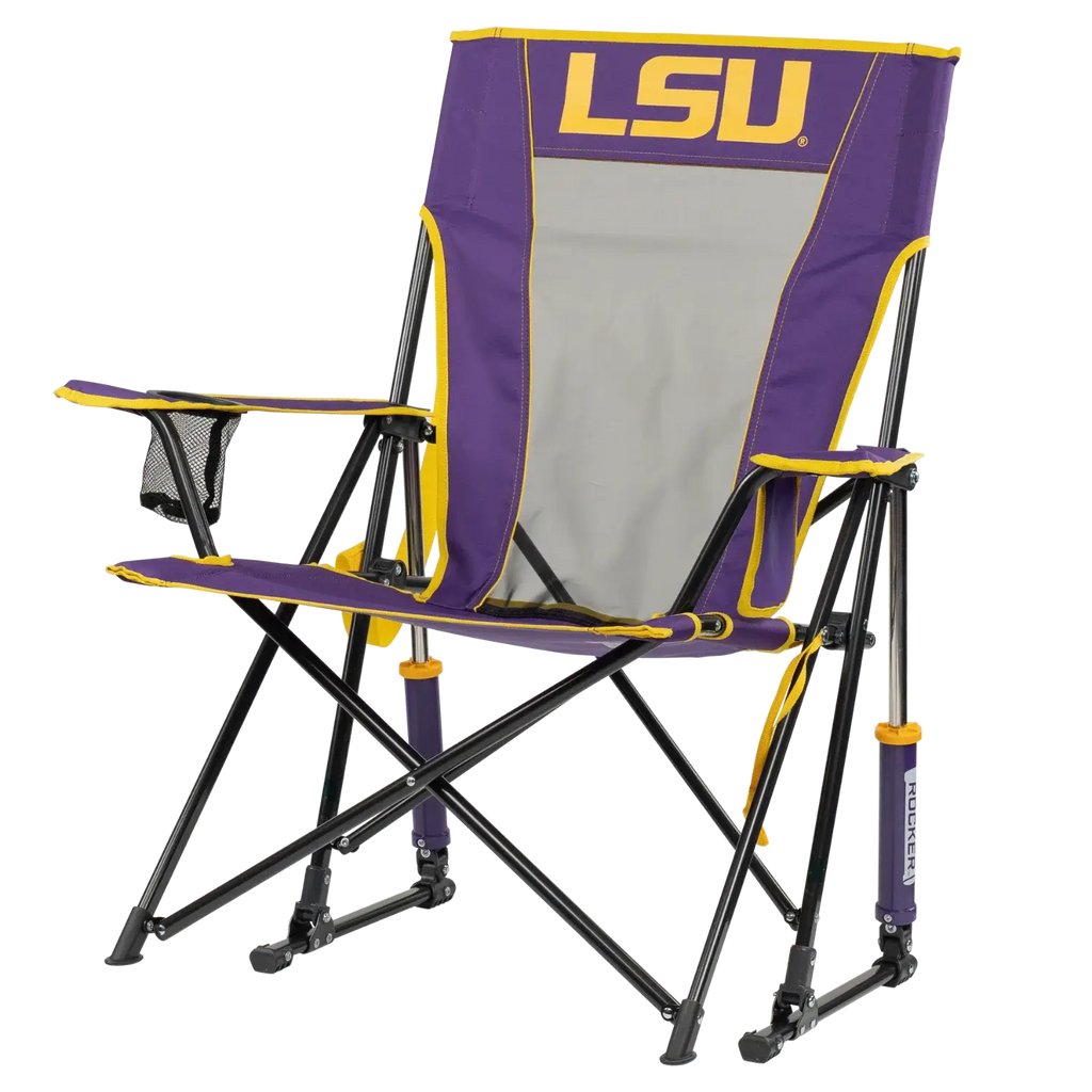 Premium All-Weather College Comfort Pro Rocker - LSU Tigers - Choice 880 - Heavy-Duty Kickback Rocker with Beverage Holder Detail
