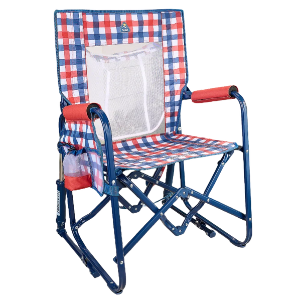 Smooth Motion Stowaway Rocker with Storage Pouch - Choice 573 - Heavy-Duty Kickback Rocker with Beverage Holder - Patriotic Plaid