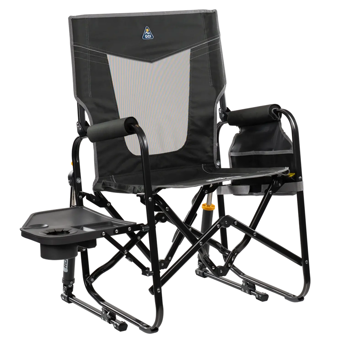 Luxury Camp Stowaway Rocker with Side Table - Choice 253 - Patented Spring-Action Rocking Chair for Camping - Dark Charcoal
