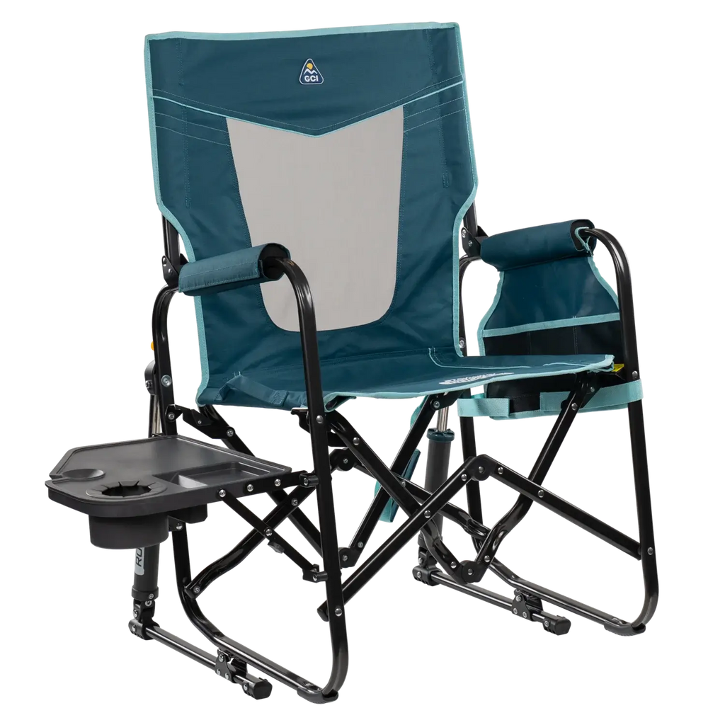 Luxury Camp Stowaway Rocker with Side Table - Choice 253 - Patented Spring-Action Rocking Chair for Camping - Teal